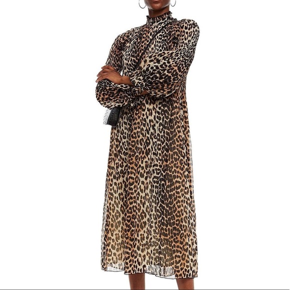 Ganni Leopard-Print Sheer Georgette Long-Sleeve Midi Dress - Picture 2 of 4